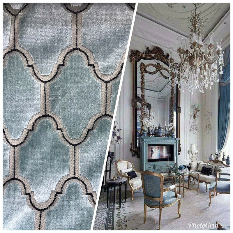 NEW! Novelty Italian Burnout Geometric Velvet Fabric - Upholstery- French Light Blue - Fancy Styles Fabric Pierre Frey Lee Jofa Brunschwig & Fils