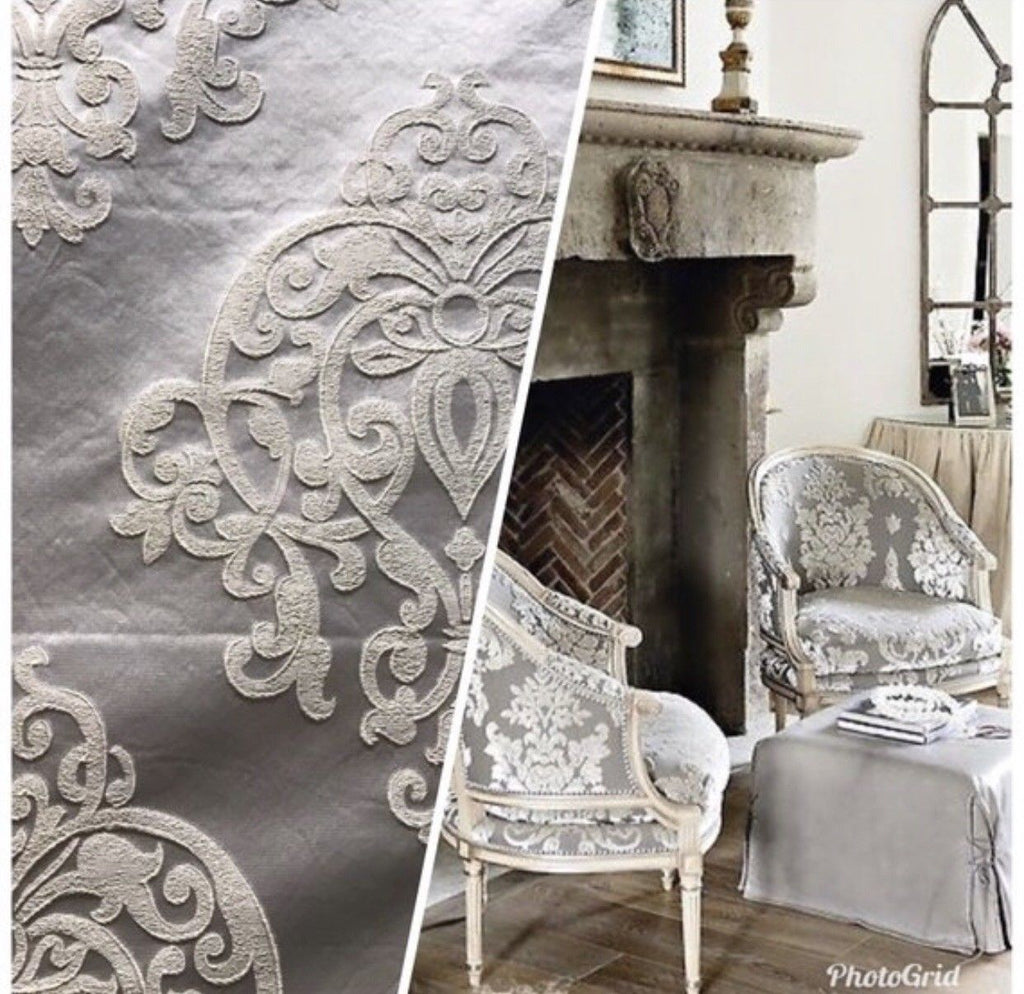 1 Yard Remnant- Designer Brocade Satin Damask Upholstery Fabric - Ivory Grey - Fancy Styles Fabric Pierre Frey Lee Jofa