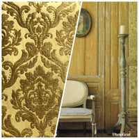 Queen Isabella Designer Satin Burnout Chenille Velvet Fabric- Upholstery Damask - Mustard - Fancy Styles Fabric Pierre Frey Lee Jofa Brunschwig & Fils