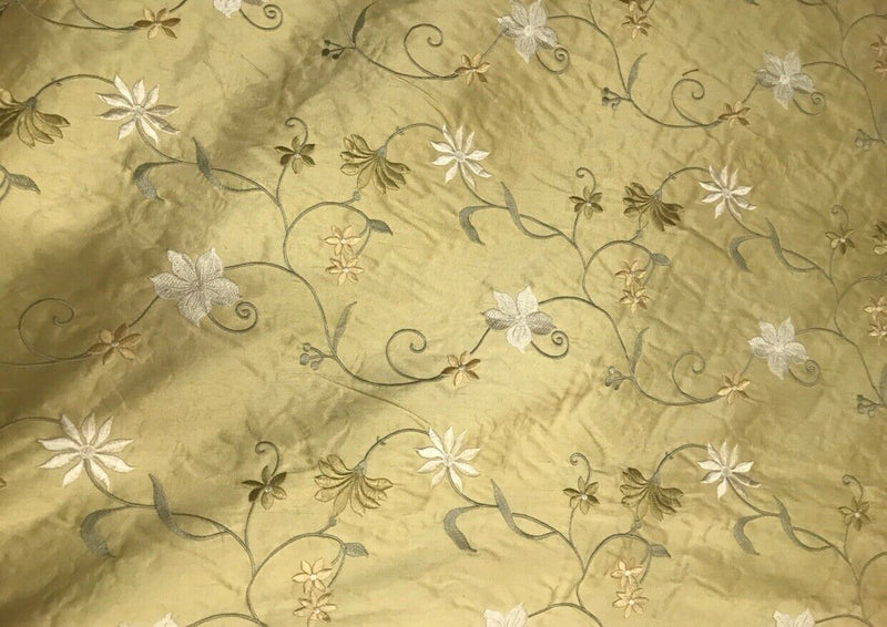NEW! 100% Silk Dupioni Drapery Golden Yellow Embroidered Floral Fabric GFSUY0001 - Fancy Styles Fabric Pierre Frey Lee Jofa Brunschwig & Fils