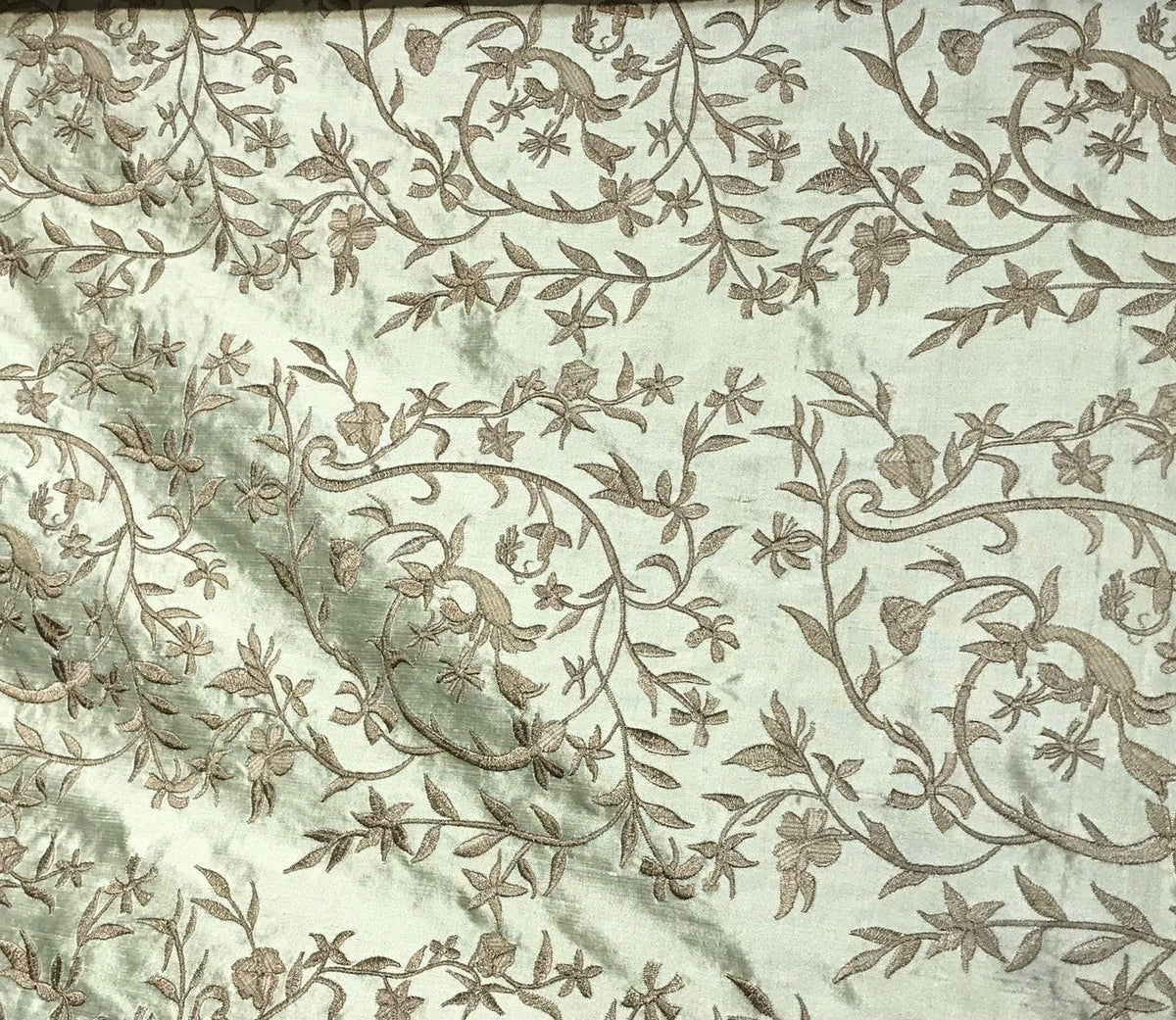 SALE! Designer 100% Silk Taffeta Dupioni Embroidery Floral Fabric - Mint Green - Fancy Styles Fabric Boutique