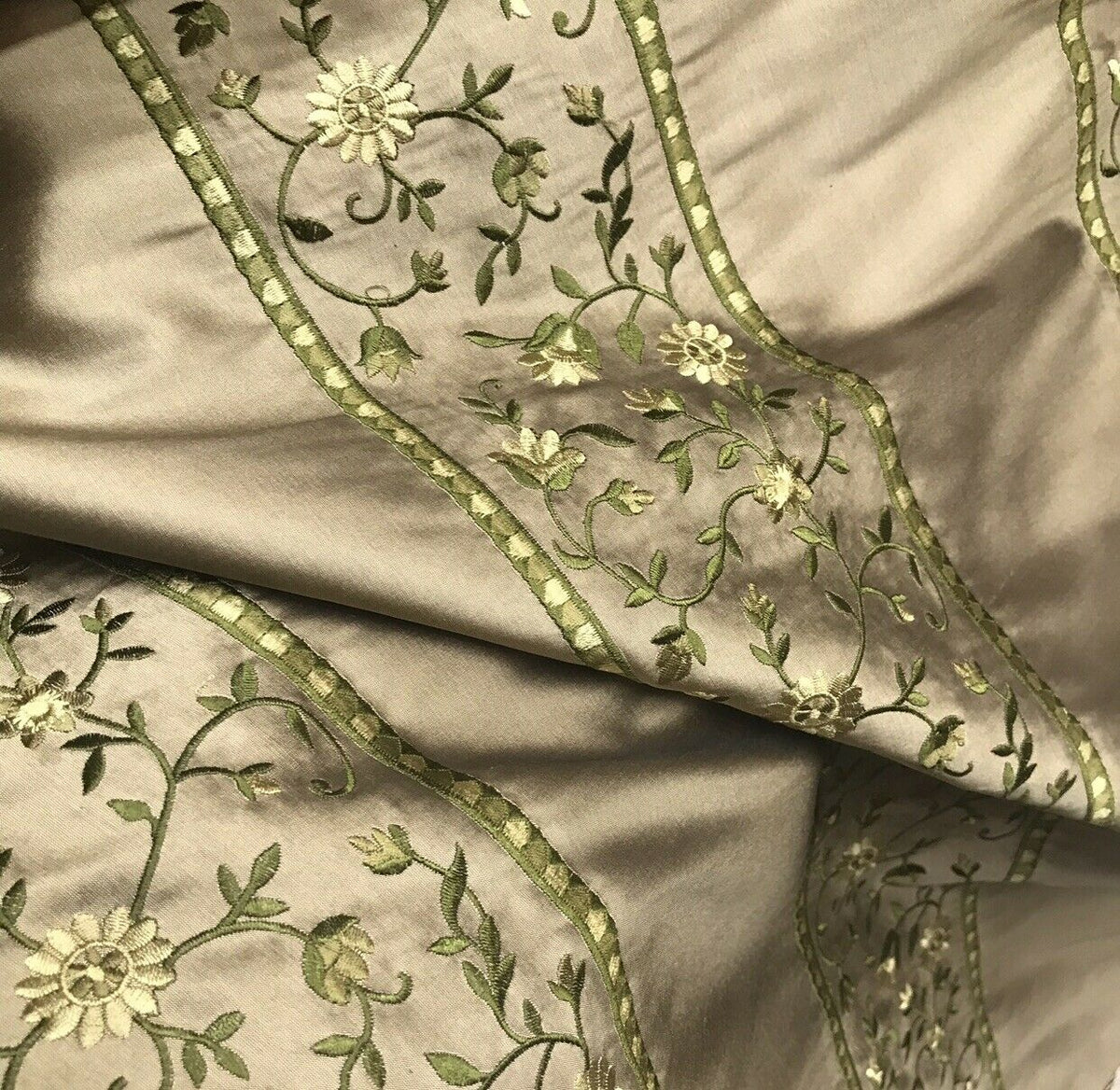 NEW! Lady Margot 100% Silk Dupioni Embroidered Floral Stripes Fabric- Khaki & Green - Fancy Styles Fabric Pierre Frey Lee Jofa Brunschwig & Fils