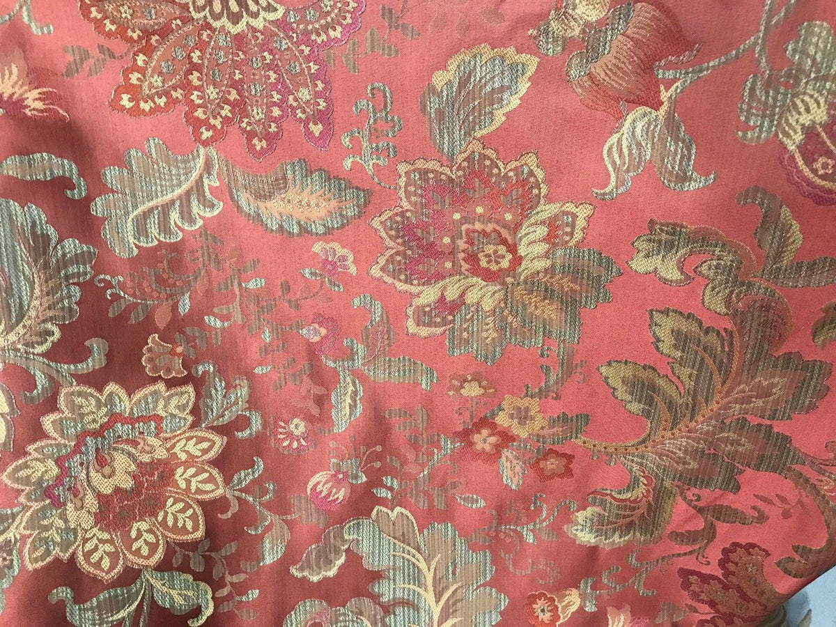 Designer Brocade Satin Floral Drapery Fabric- Antique Salmon Red By The Yard - Fancy Styles Fabric Pierre Frey Lee Jofa