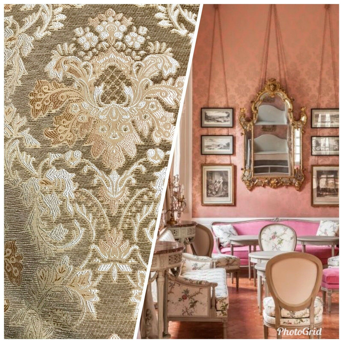 Lady Lauren Damask Burnout Chenille Velvet Fabric - Upholstery Taupe & Peach - Fancy Styles Fabric Pierre Frey Lee Jofa Brunschwig & Fils