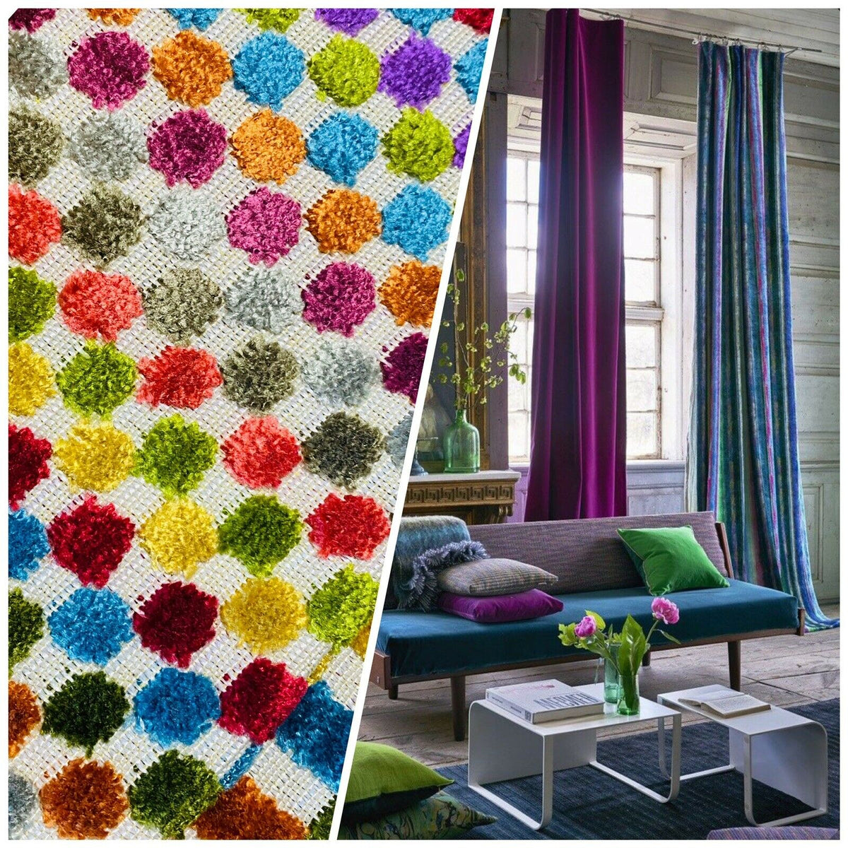 NEW! Novelty Burnout Polka Dot Chenille Upholstery Velvet Fabric -Multi Rainbow - Fancy Styles Fabric Pierre Frey Lee Jofa Brunschwig & Fils