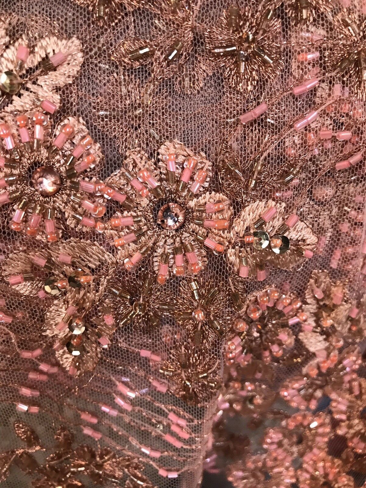Beaded Peach & Coral Rhinestone Scalloped Edges Lace Mesh Floral Fabric - Fancy Styles Fabric Pierre Frey Lee Jofa Brunschwig & Fils