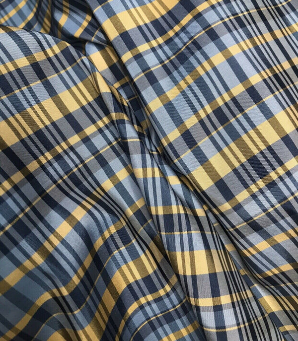 NEW Lady Riley Designer 100% Silk Taffeta Dupioni Plaid Tartan Fabric -Blue & Yellow - Fancy Styles Fabric Pierre Frey Lee Jofa Brunschwig & Fils