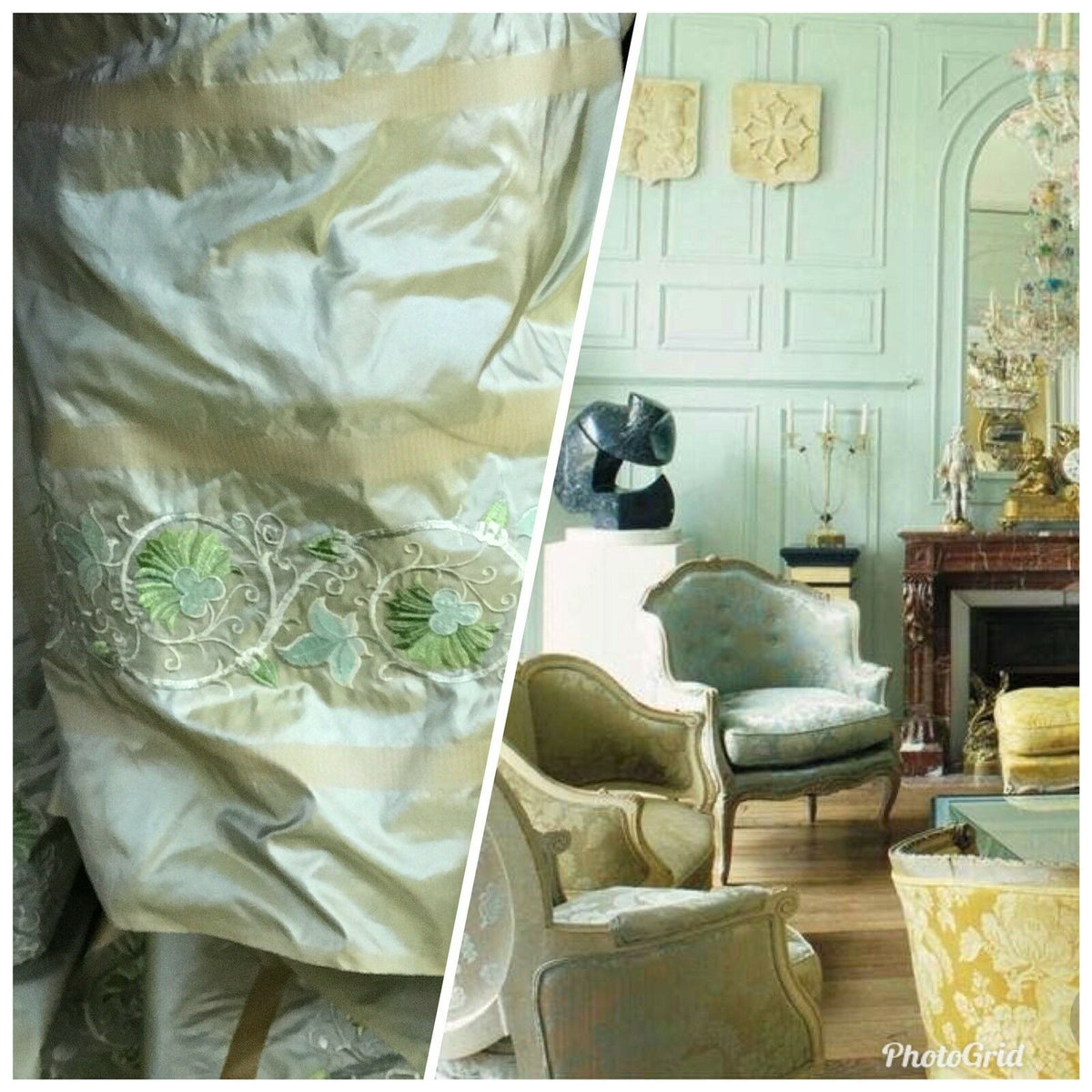 SWATCH Duchess Jezebel Designer 100% Silk Taffeta Aqua Green Fabric Embroidered Drapery - Fancy Styles Fabric Pierre Frey Lee Jofa Brunschwig & Fils