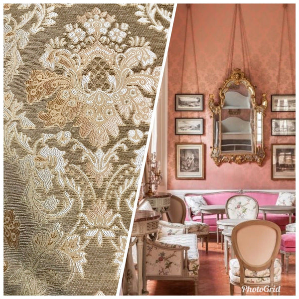 SALE! Designer Damask Burnout Chenille Velvet Fabric - Upholstery- Taupe & Peach - Fancy Styles Fabric Pierre Frey Lee Jofa Brunschwig & Fils