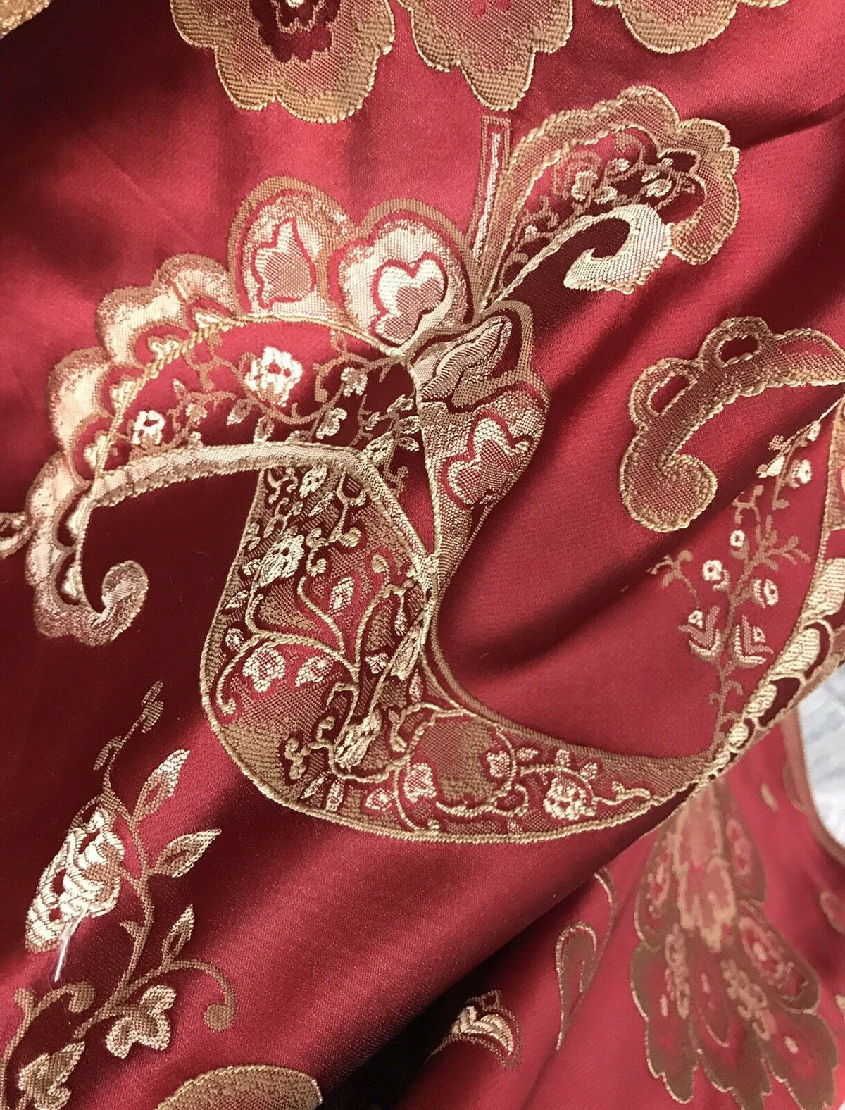 Lady Hyacinth Designer Brocade Satin Fabric- Antique Inspired Red and Gold - Upholstery - Fancy Styles Fabric Pierre Frey Lee Jofa Brunschwig & Fils