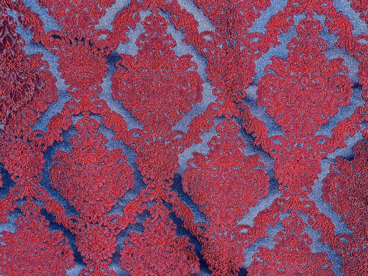 NEW Princess Giselle Designer Damask Satin Drapery Upholstery Fabric - Electric Red & Navy Blue - Fancy Styles Fabric Pierre Frey Lee Jofa Brunschwig & Fils