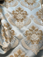 SWATCH Brocade Satin Fabric- Antique Blue & Honey - Damask- Upholstery - Fancy Styles Fabric Boutique