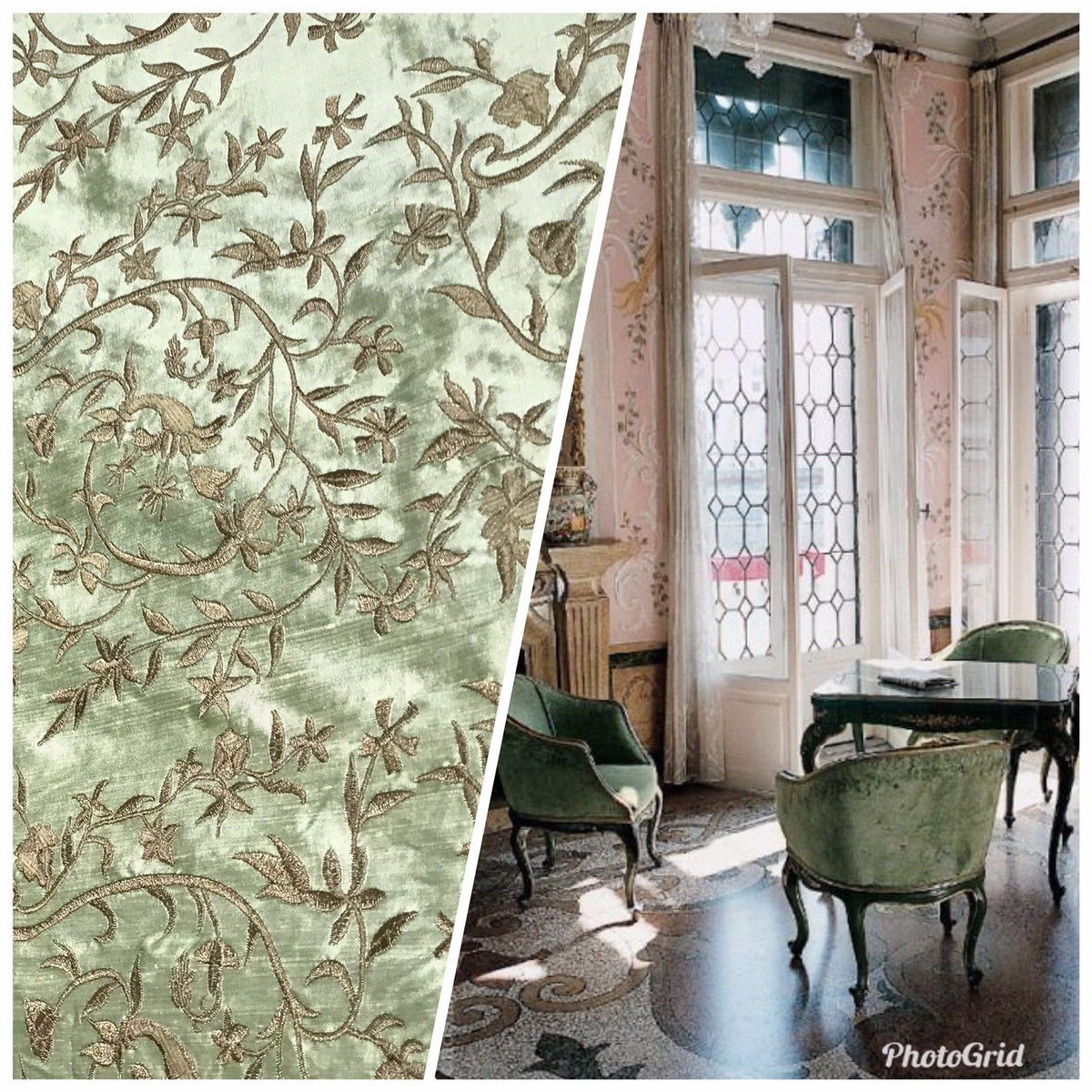 SALE! Designer 100% Silk Taffeta Dupioni Embroidery Floral Fabric - Mint Green - Fancy Styles Fabric Boutique