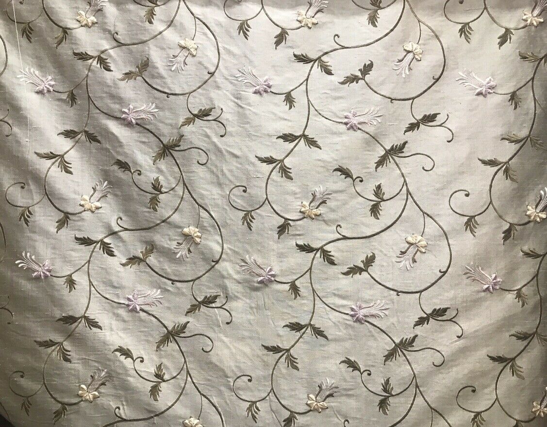 NEW! 100% Silk Dupioni Embroidered Velvet Floral Fabric- Grey Taupe Lavender BTY - Fancy Styles Fabric Pierre Frey Lee Jofa Brunschwig & Fils