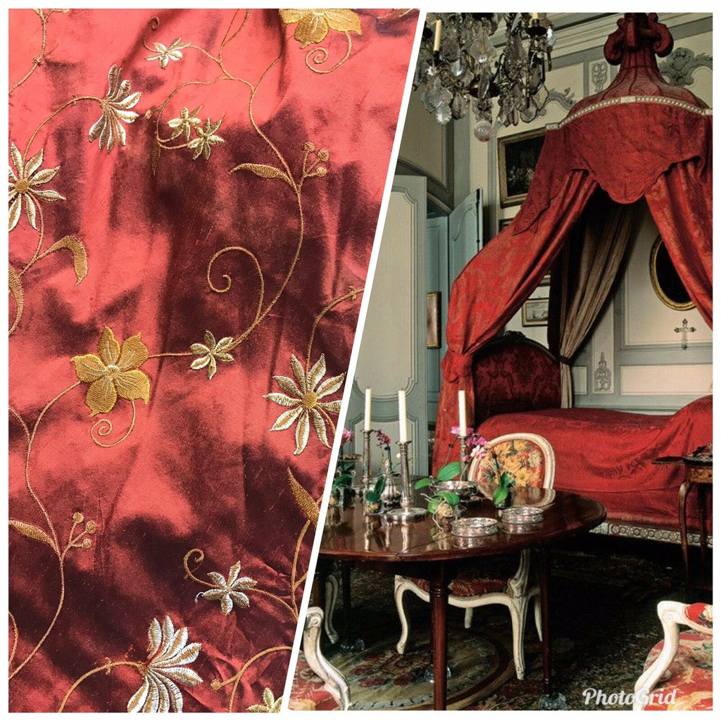 SALE! Designer 100% Silk Taffeta Embroidery Floral Fabric Rust Red- Textured - Fancy Styles Fabric Pierre Frey Lee Jofa Brunschwig & Fils