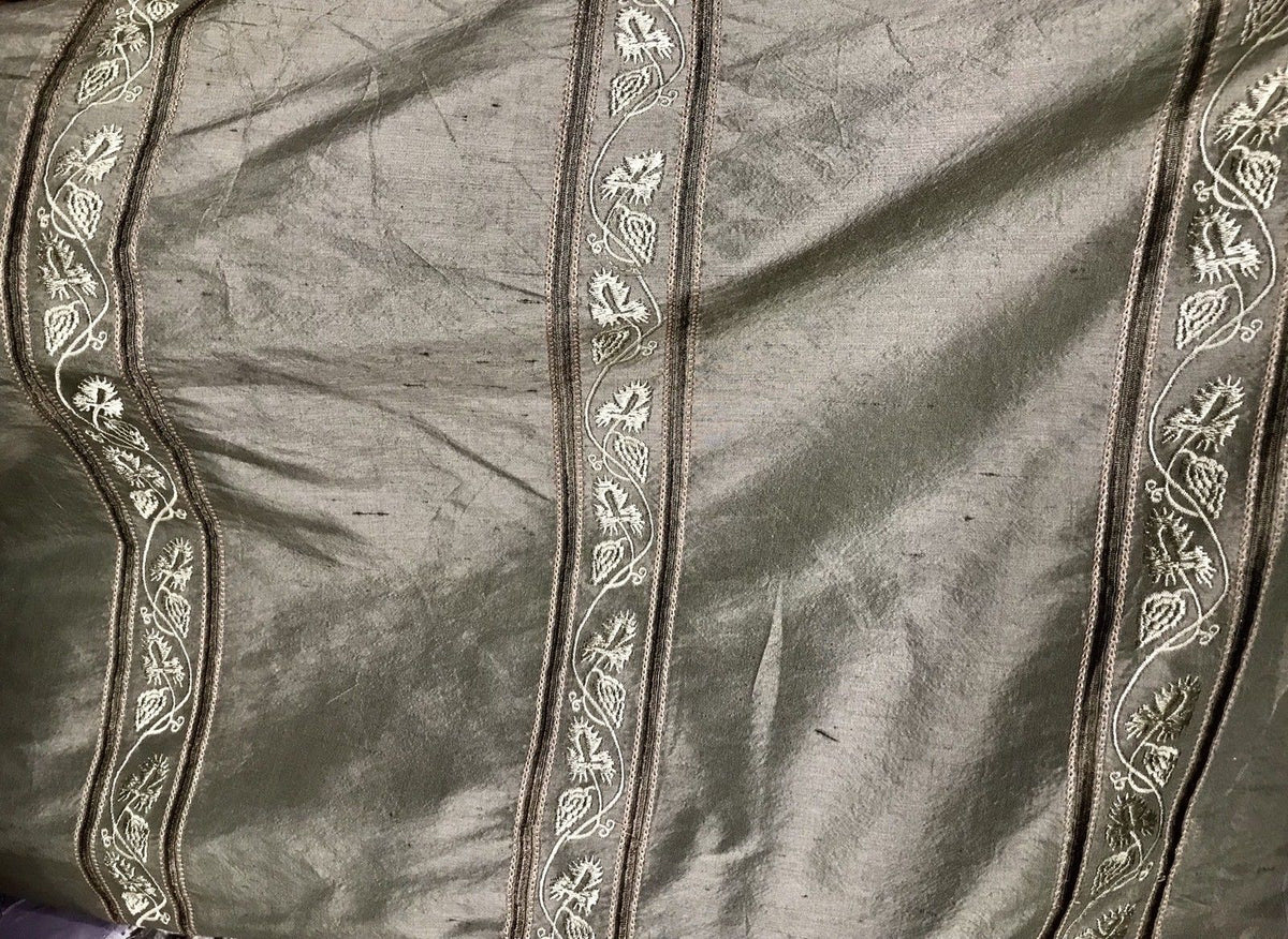 SALE! 100% Silk Taffeta Drapery Embroidery Fabric - Khaki Green Striped - Fancy Styles Fabric Boutique
