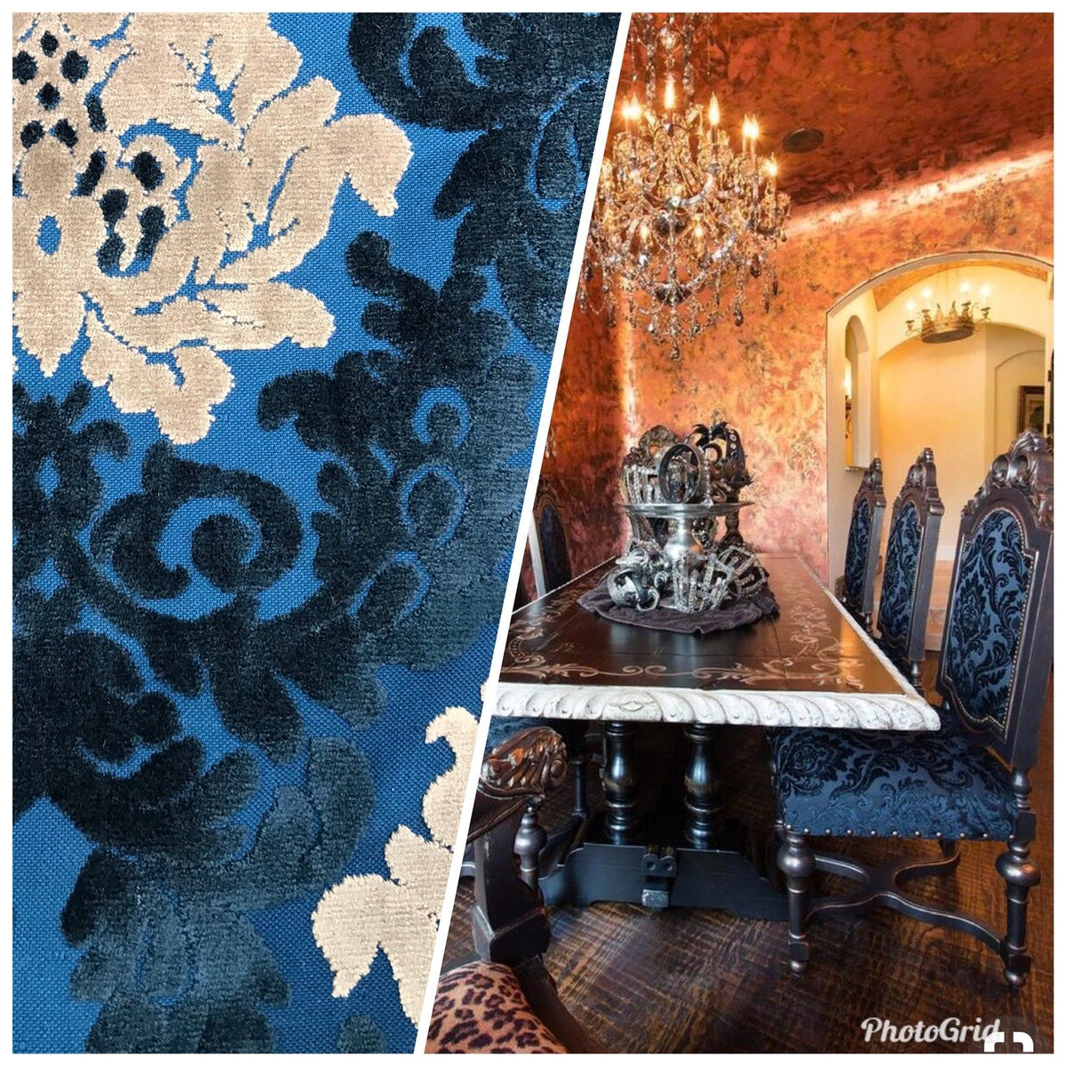 Designer Italian Burnout Damask Chenille Velvet Fabric Blue Ivory- Upholstery - Fancy Styles Fabric Pierre Frey Lee Jofa Brunschwig & Fils
