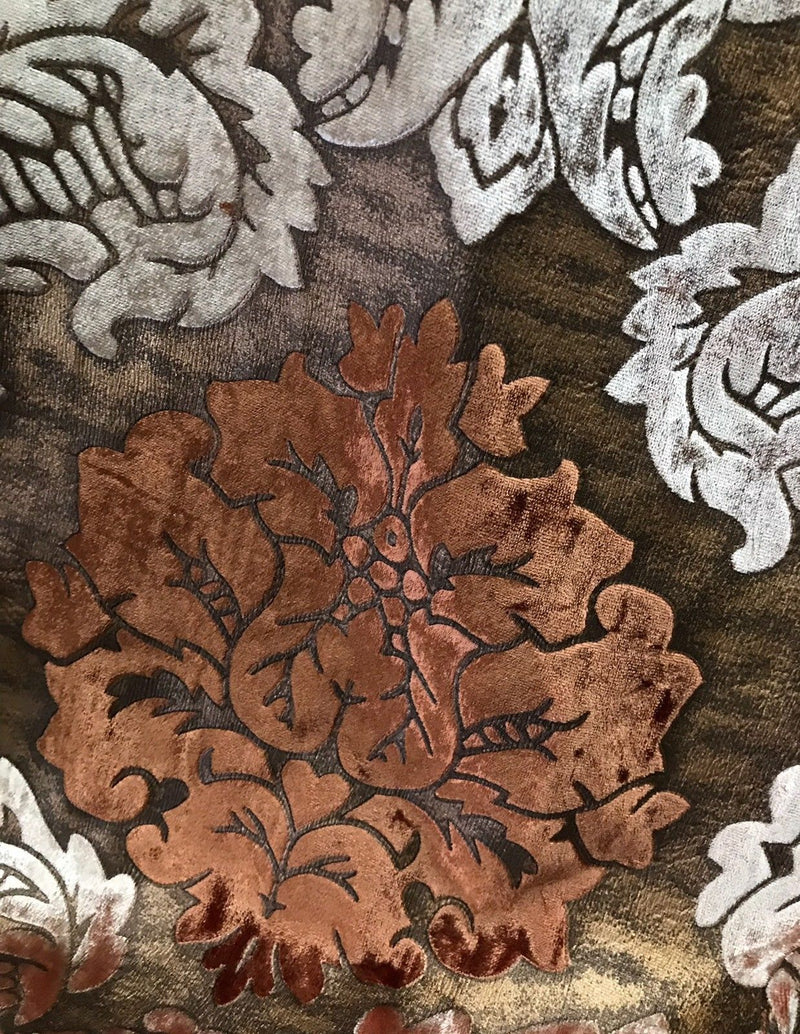 NEW! Designer Silk Rayon Velvet Fabric By yard- Floral Brown Rust - Fancy Styles Fabric Boutique