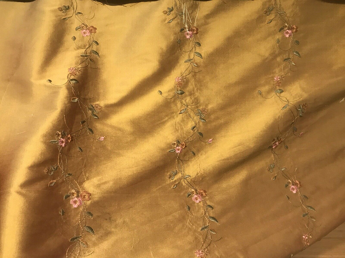 NEW! Duchess Rowena 100% Silk Dupioni Embroidery Floral Fabric- Copper Gold - Fancy Styles Fabric Pierre Frey Lee Jofa Brunschwig & Fils