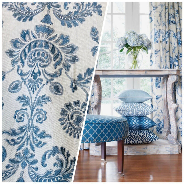 NEW! Novelty 100% Cotton Fabric Floral Damask Embroidery- Blue & White - Fancy Styles Fabric Pierre Frey Lee Jofa Brunschwig & Fils