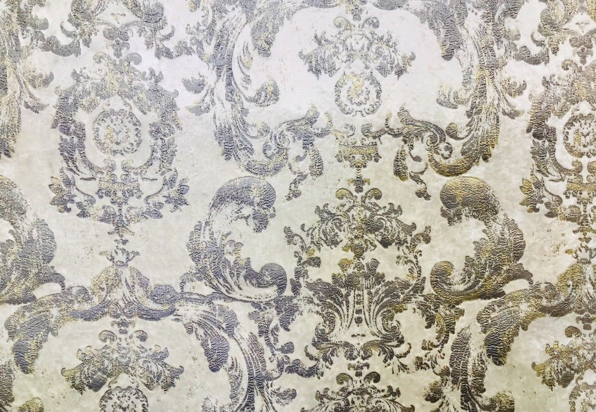 NEW! Antique Inspired Burnout Velvet Damask Fabric - White W/ Silver & Gray - Fancy Styles Fabric Boutique