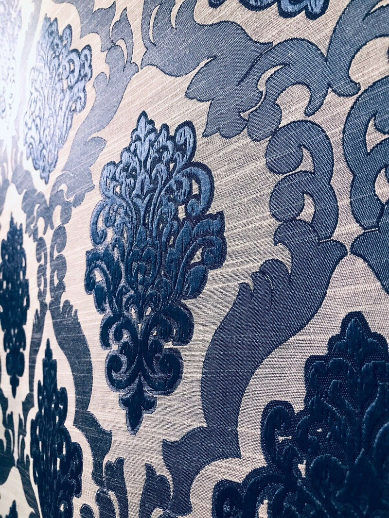 NEW Duchess Camille Designer Burnout Damask Satin Upholstery Fabric- Blue & Natural BTY - Fancy Styles Fabric Pierre Frey Lee Jofa Brunschwig & Fils