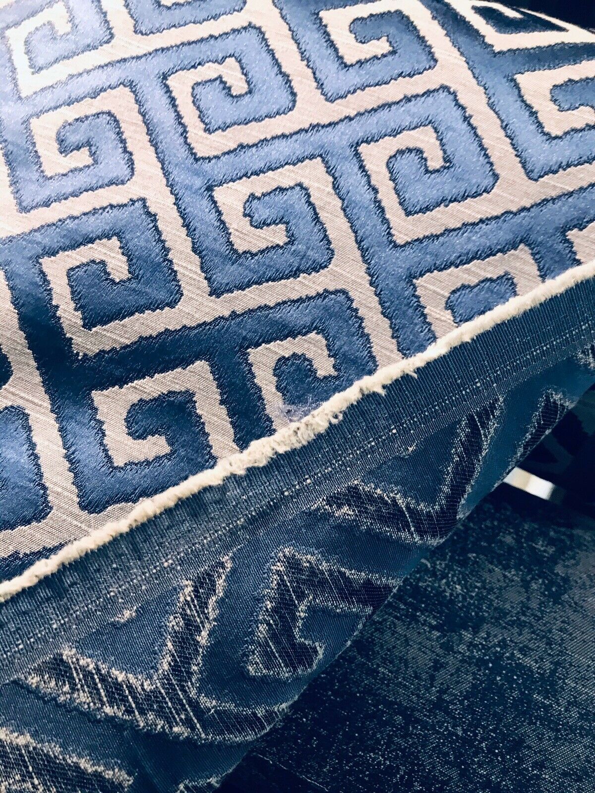 Sir Ryan Designer Burnout Geometric Satin Upholstery Fabric- Blue & Natural BTY - Fancy Styles Fabric Pierre Frey Lee Jofa Brunschwig & Fils