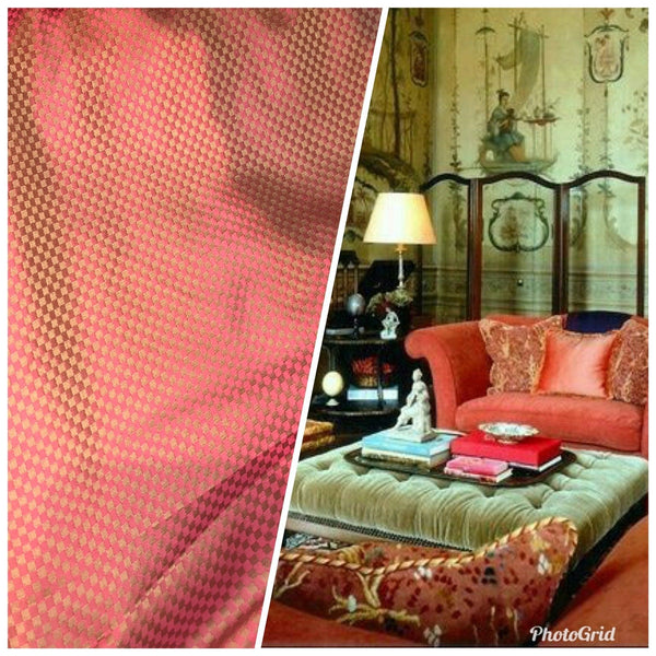 NEW! 100% Silk Taffeta Fabric - Coral And Iridescent Gold Checkered - Fancy Styles Fabric Pierre Frey Lee Jofa Brunschwig & Fils