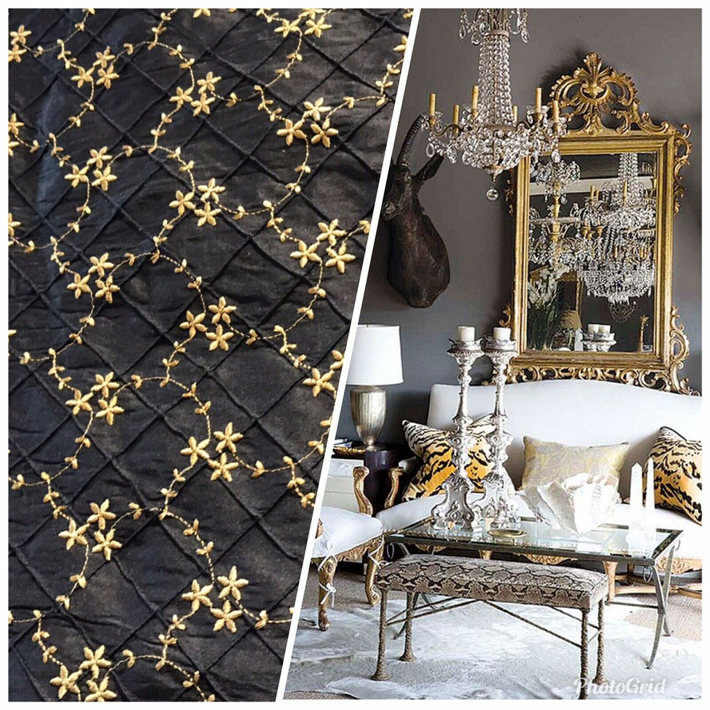 DEAL! Queen Elizabeth 100% Silk Dupioni Embroidered Quilted Floral Fabric- Black Gold - Fancy Styles Fabric Pierre Frey Lee Jofa Brunschwig & Fils