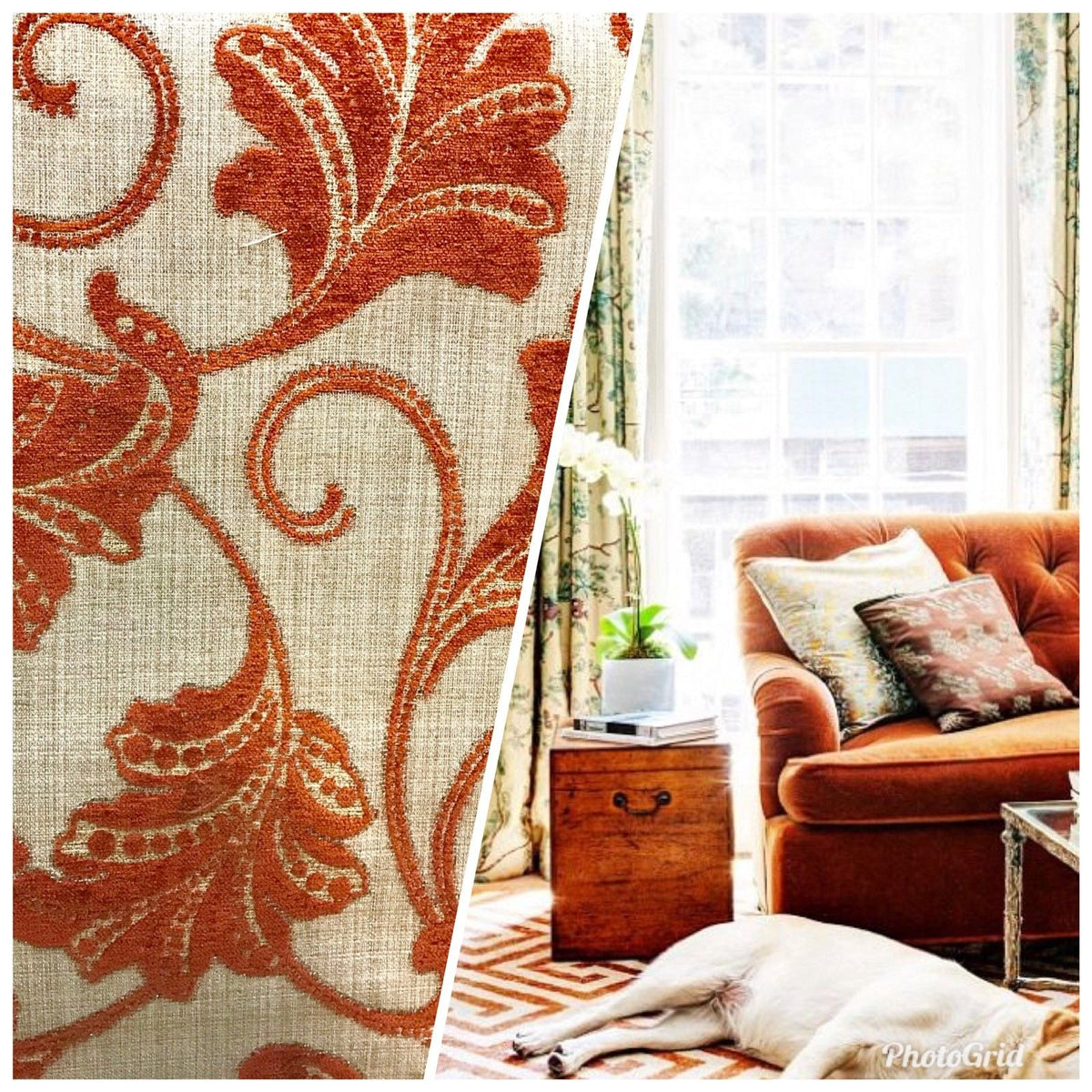 SWATCH 4” X 7” - Burnout Velvet Floral Upholstery Fabric- Burnt Orange Rust Red - Fancy Styles Fabric Pierre Frey Lee Jofa Brunschwig & Fils