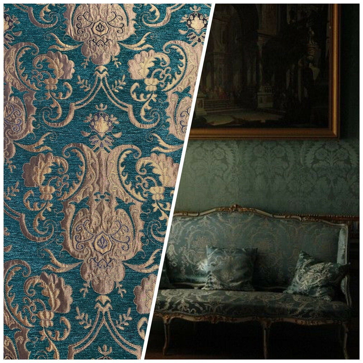 NEW Lady Emile Designer Damask Burnout Chenille Velvet Fabric - Green & Metallic Gold BTY - Fancy Styles Fabric Pierre Frey Lee Jofa Brunschwig & Fils