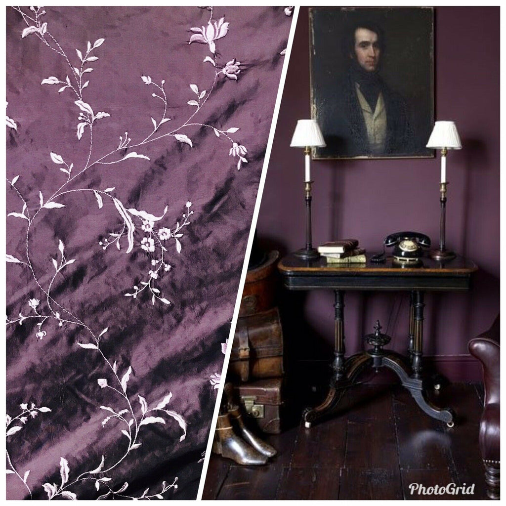 Queen Amaranth 100% Silk Taffeta Embroidered Floral Fabric- Purple - Fancy Styles Fabric Pierre Frey Lee Jofa Brunschwig & Fils
