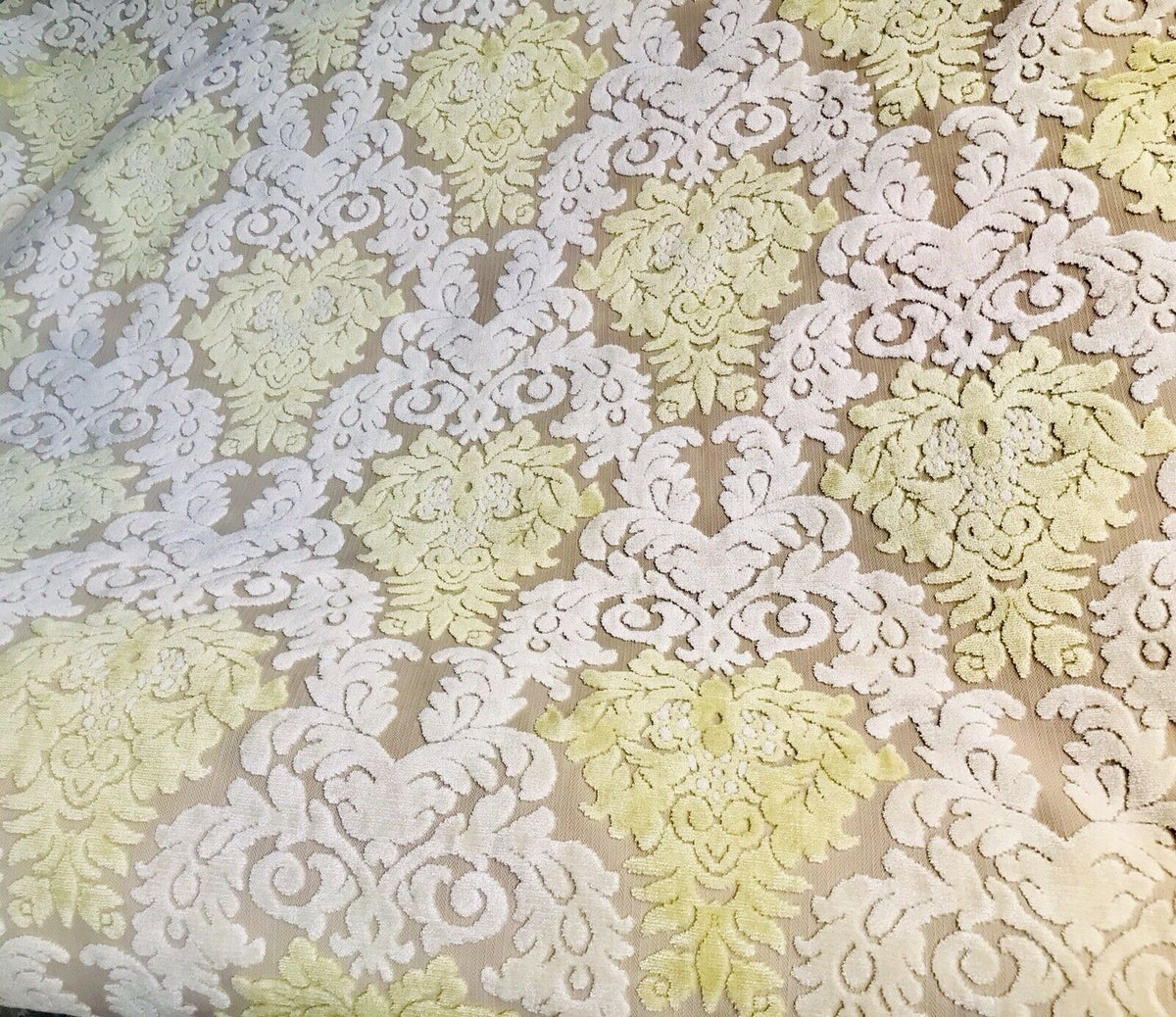 Sir Mason Novelty Italian Burnout Damask Chenille Upholstery Velvet Fabric Yellow Cream - Fancy Styles Fabric Pierre Frey Lee Jofa Brunschwig & Fils