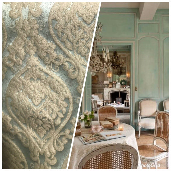NEW Sir Isaac Designer Brocade Satin Damask Fabric- Aqua- Upholstery & Drapery BTY - Fancy Styles Fabric Pierre Frey Lee Jofa Brunschwig & Fils