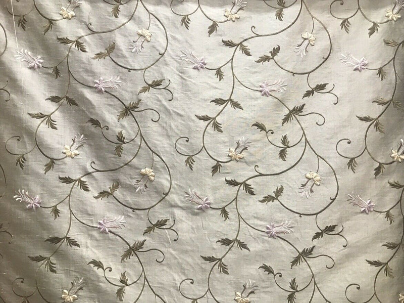 NEW! 100% Silk Dupioni Embroidered Velvet Floral Fabric- Grey Taupe Lavender BTY - Fancy Styles Fabric Pierre Frey Lee Jofa Brunschwig & Fils