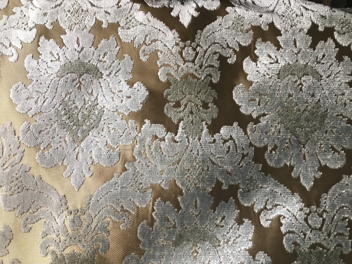 SWATCH Designer Italian Burnout Damask Chenille Blue Bronze Fabric Upholstery - Fancy Styles Fabric Boutique