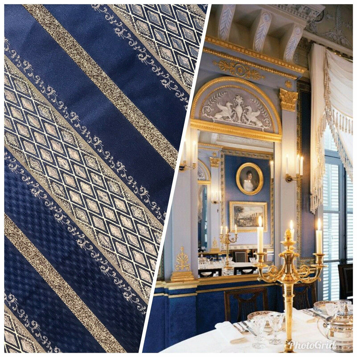 Lady Jennifer Designer Brocade Upholstery & Drapery Satin Striped Fabric Blue Gold LLPBB0004 - Fancy Styles Fabric Pierre Frey Lee Jofa Brunschwig & Fils