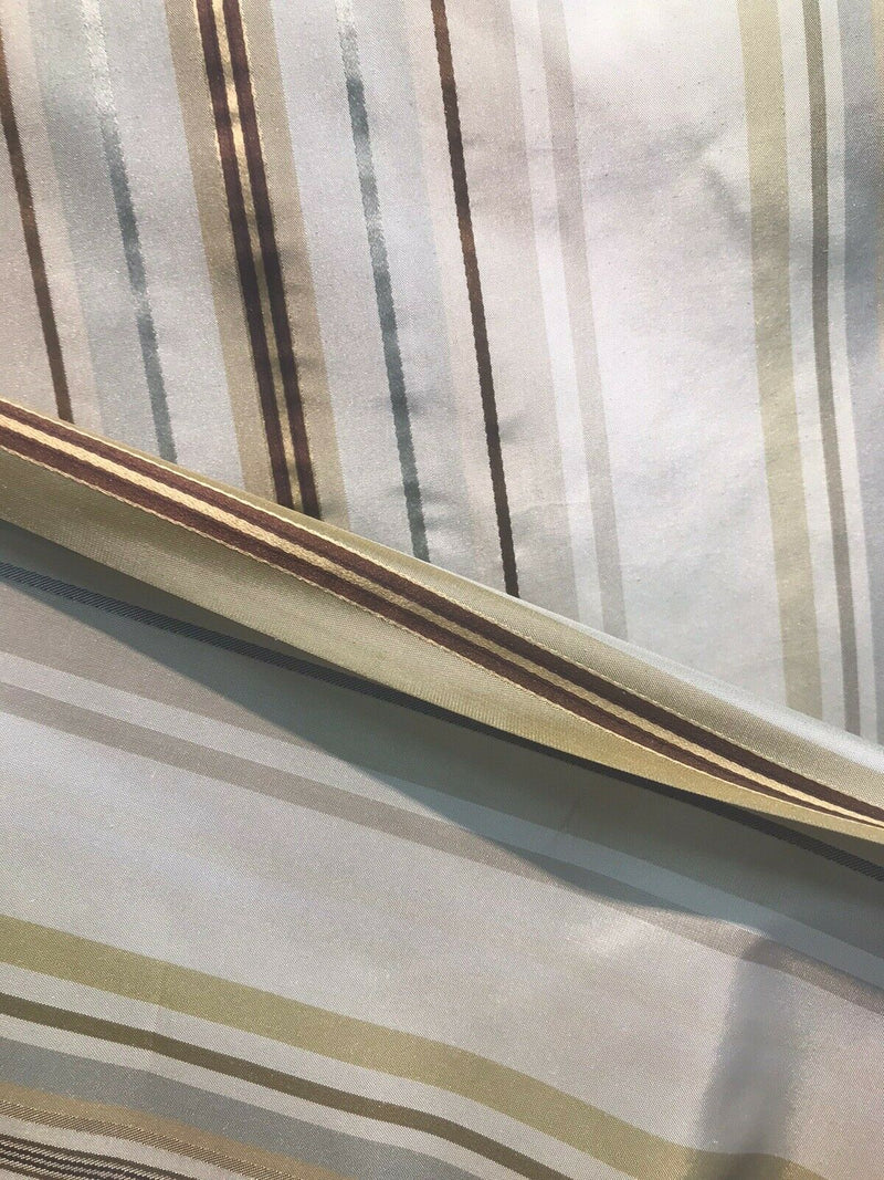 NEW Lady Lillian Designer 100% Silk Taffeta Dupioni Stripes Fabric - Blue-Gray Gold 55” Wide - Fancy Styles Fabric Pierre Frey Lee Jofa Brunschwig & Fils