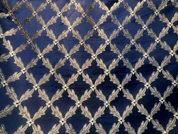 Lady Cadence Designer Brocade Upholstery & Drapery Satin Fabric - Jewel Blue & Gold - Fancy Styles Fabric Pierre Frey Lee Jofa Brunschwig & Fils