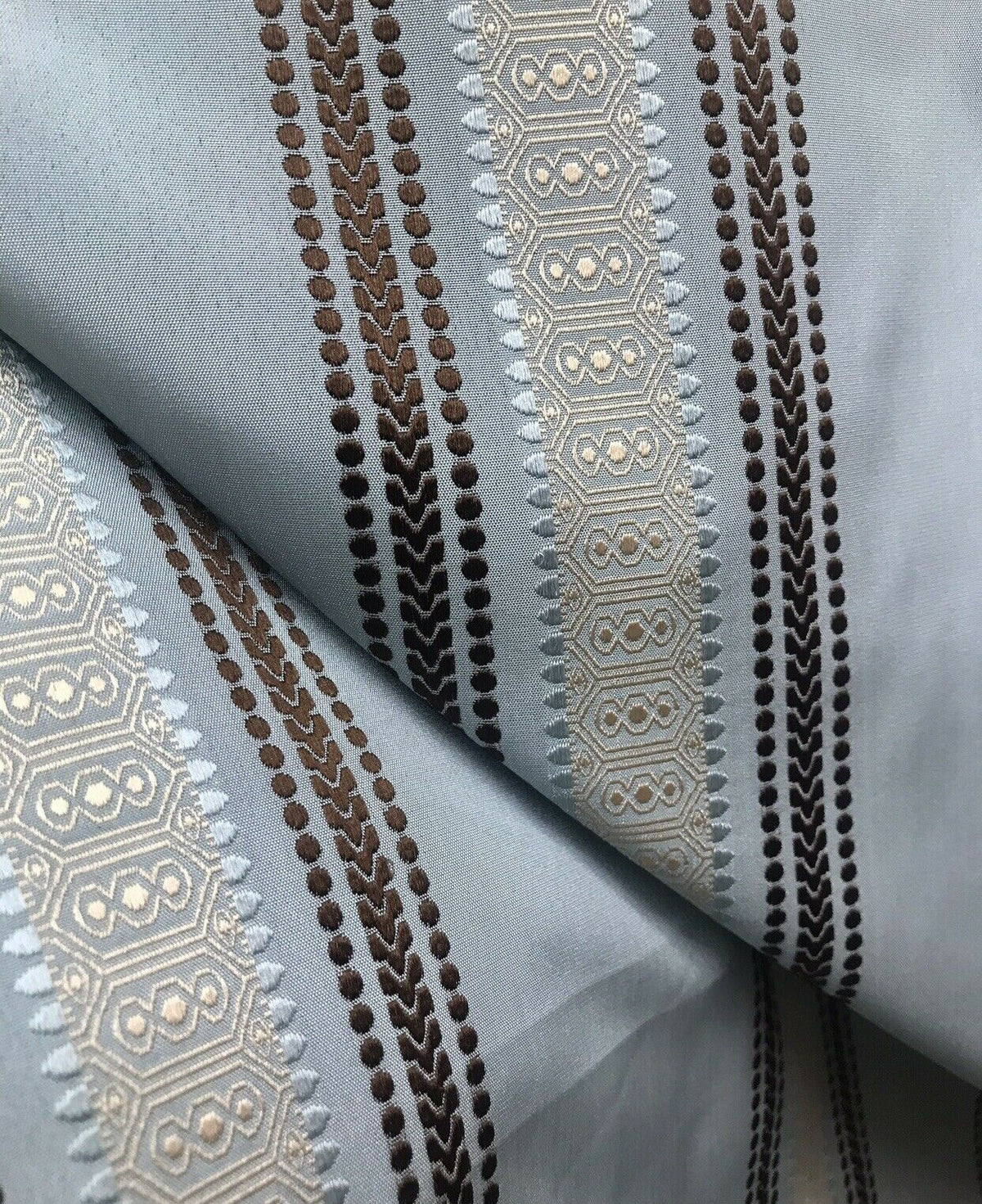 Sir Bradley Designer Brocade Satin Fabric- Pale Blue, Brown, Gold Stripes Neoclassical G1 - Fancy Styles Fabric Pierre Frey Lee Jofa Brunschwig & Fils