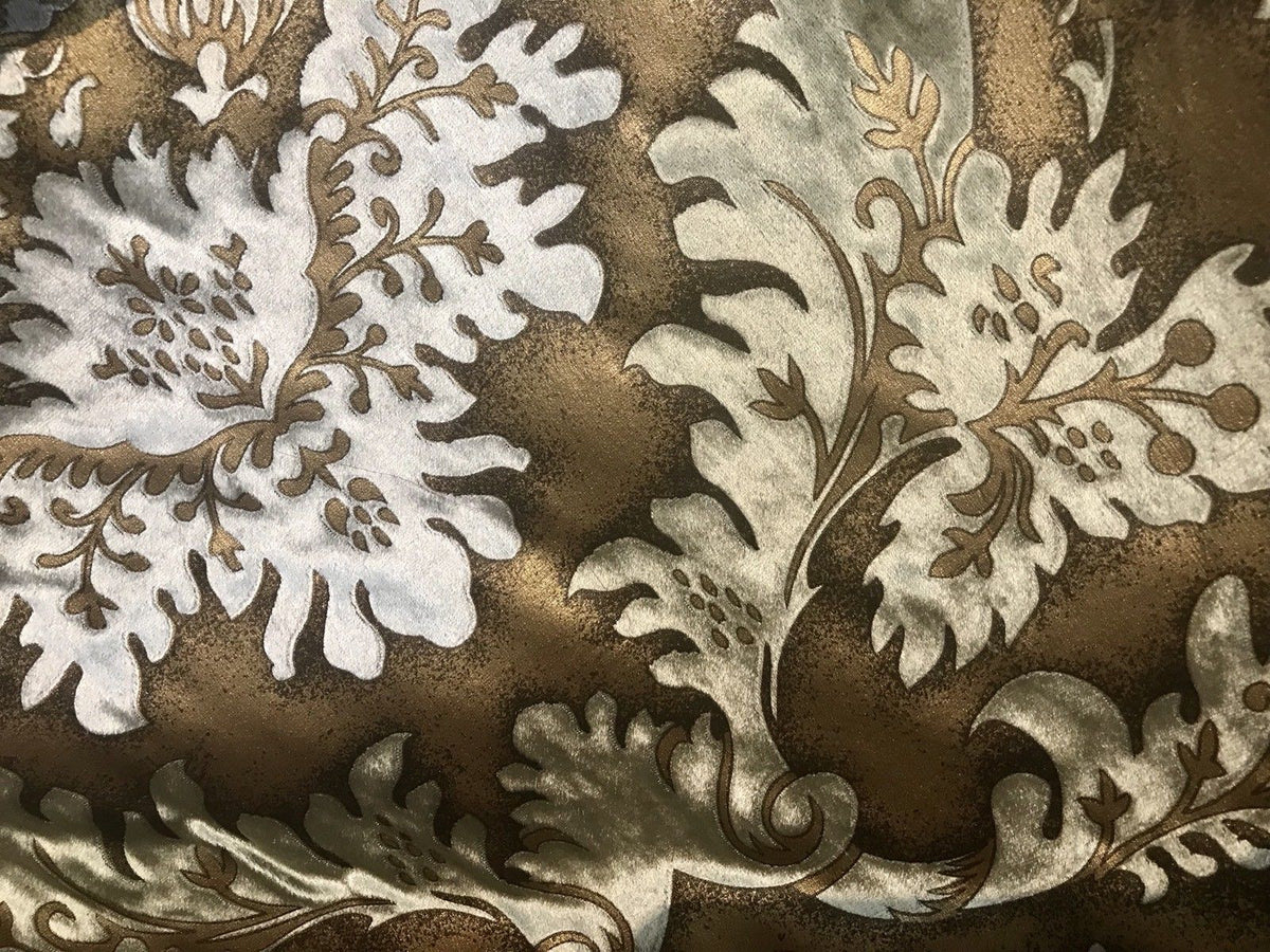 Designer Burnout Damask Cut Velvet Fabric Metallic Gold & Beige Drapery - Fancy Styles Fabric Pierre Frey Lee Jofa