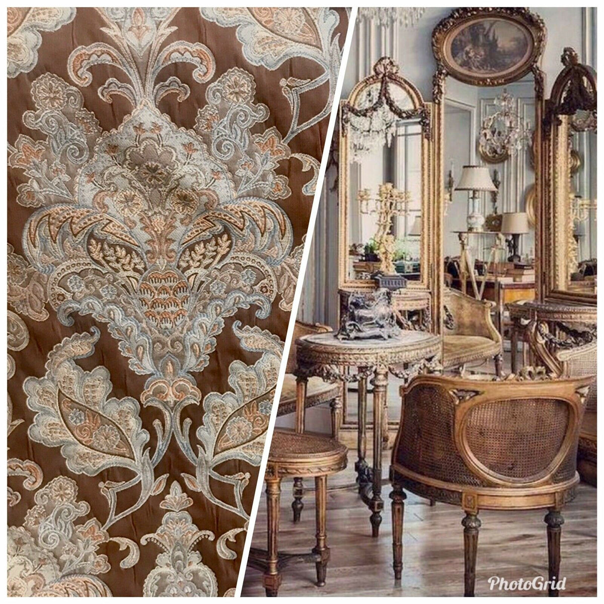 NEW Sir Christian Designer Burnout Damask Brocade Fabric - Brown And Light Blue - Fancy Styles Fabric Pierre Frey Lee Jofa Brunschwig & Fils