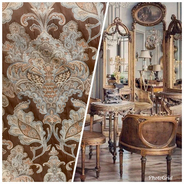 NEW Sir Christian Designer Burnout Damask Brocade Fabric - Brown And Light Blue - Fancy Styles Fabric Pierre Frey Lee Jofa Brunschwig & Fils