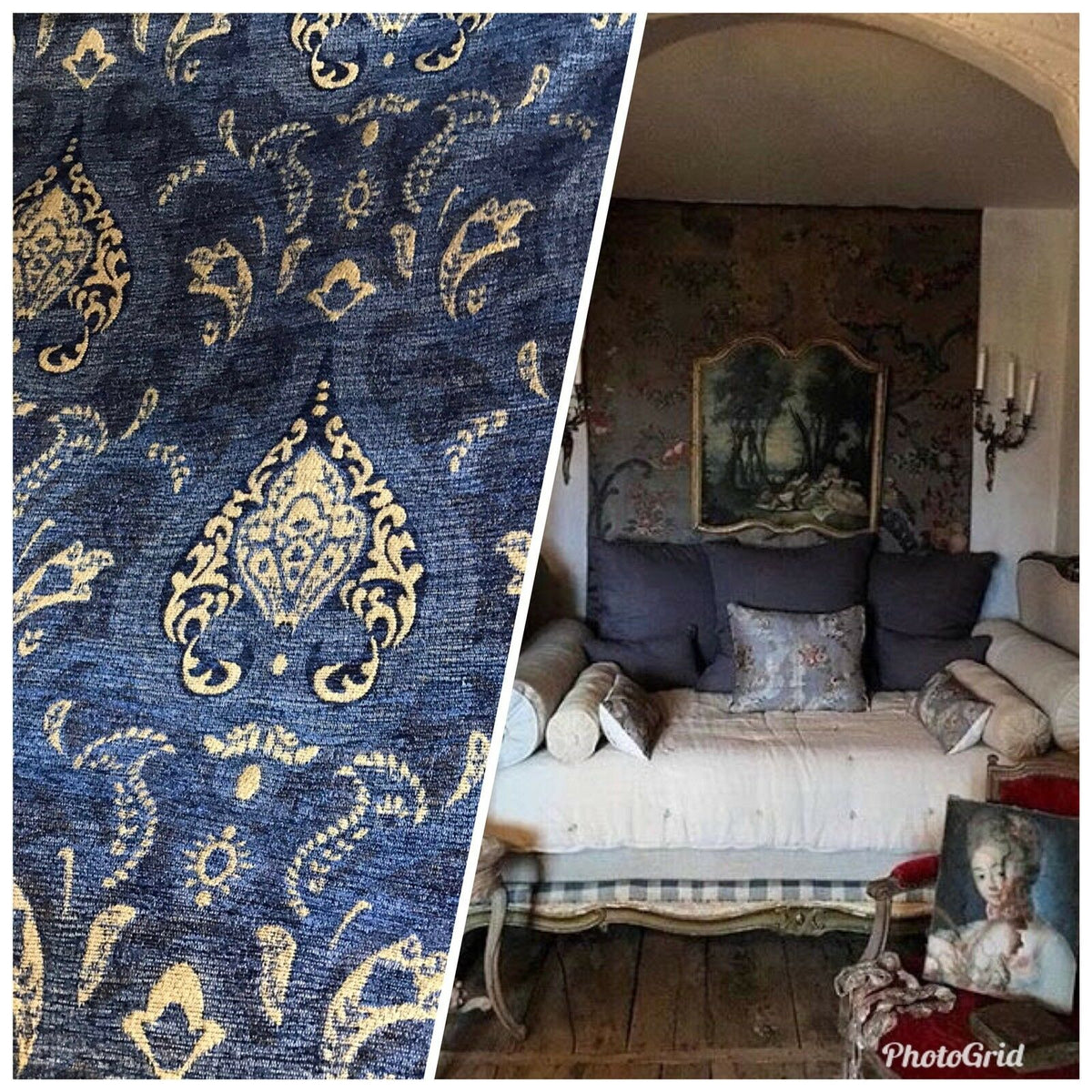 SALE! Designer Upholstery Chenille Velvet Fabric - Blue Gold LLPCB001 - Fancy Styles Fabric Pierre Frey Lee Jofa Brunschwig & Fils
