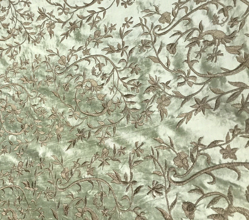 SALE! Designer 100% Silk Taffeta Dupioni Embroidery Floral Fabric - Mint Green - Fancy Styles Fabric Boutique