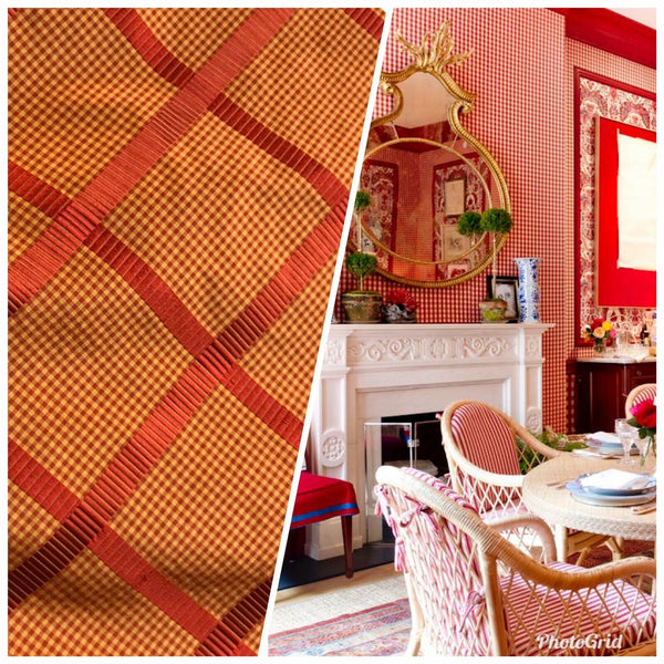 NEW! Miss Jaqueline Designer 100% Silk Taffeta Gingham Ribbon Stripes Plaid Fabric -Red Gold - Fancy Styles Fabric Pierre Frey Lee Jofa Brunschwig & Fils
