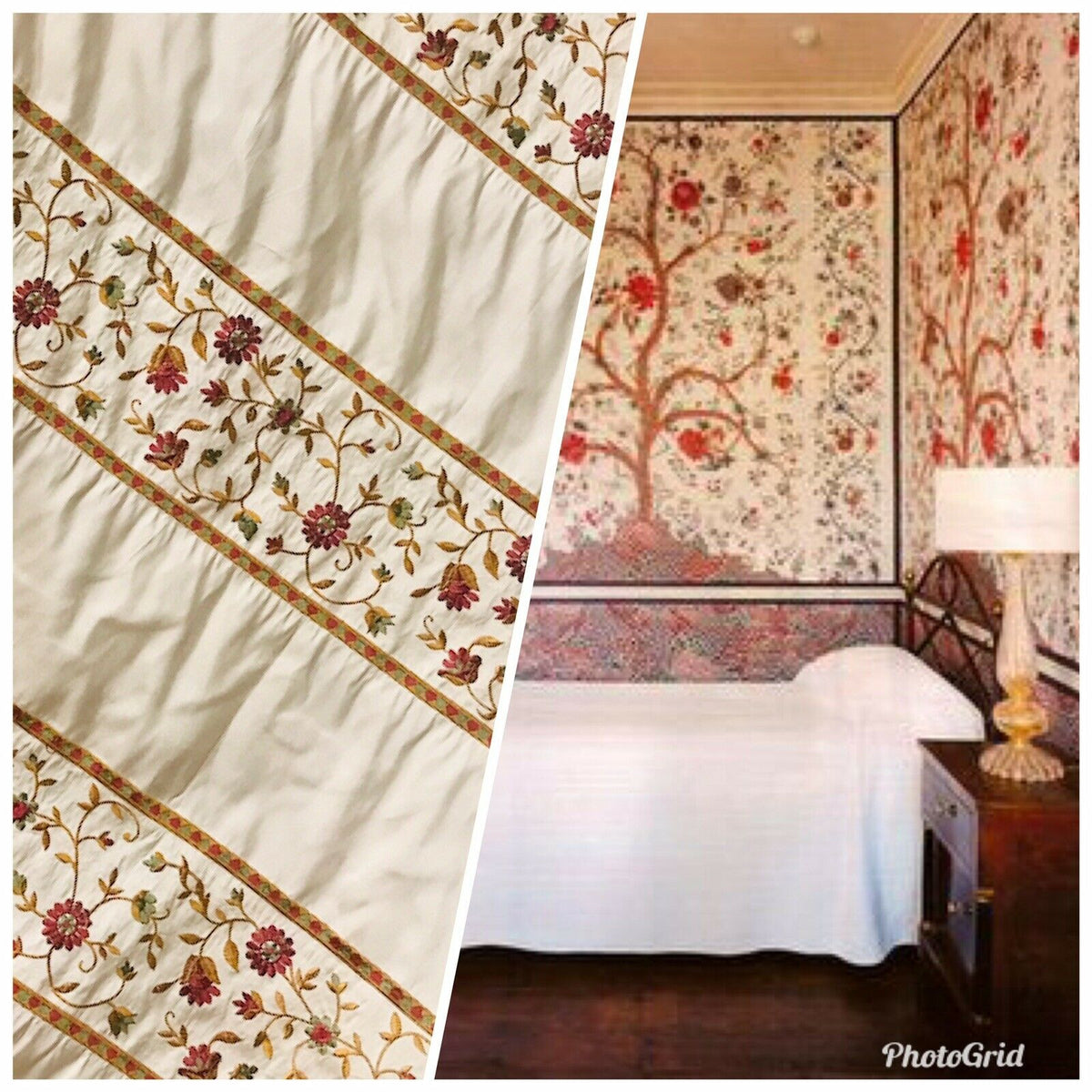 NEW! Lady Margot 100% Silk Dupioni Embroidered Floral Stripes Rows Fabric- Cream - Fancy Styles Fabric Pierre Frey Lee Jofa Brunschwig & Fils