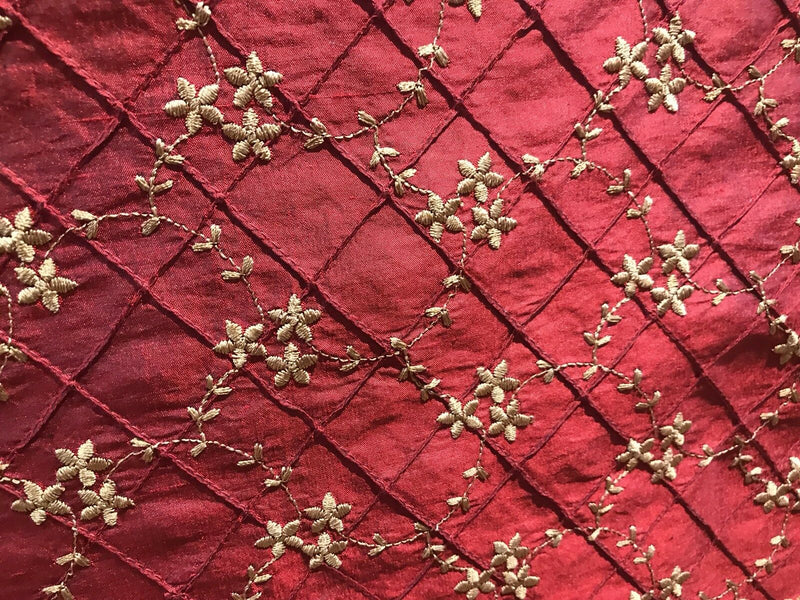Queen Elisabeth 100% Silk Dupioni Embroidered Floral Quilted Motif Fabric - Dark Red LLSUR0003 - Fancy Styles Fabric Pierre Frey Lee Jofa Brunschwig & Fils