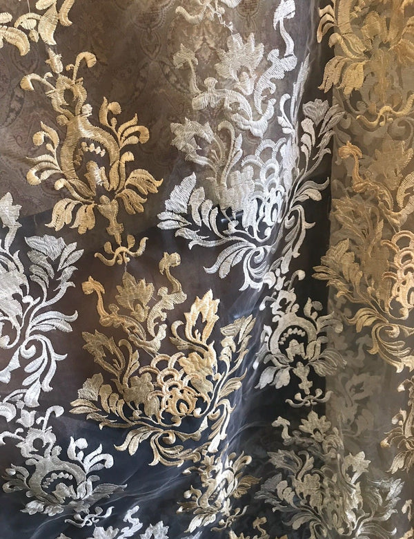 SALE 112” Wide Sheer Voile Drapery Fabric Interior Decorating- Taupe Embroidery - Fancy Styles Fabric Boutique