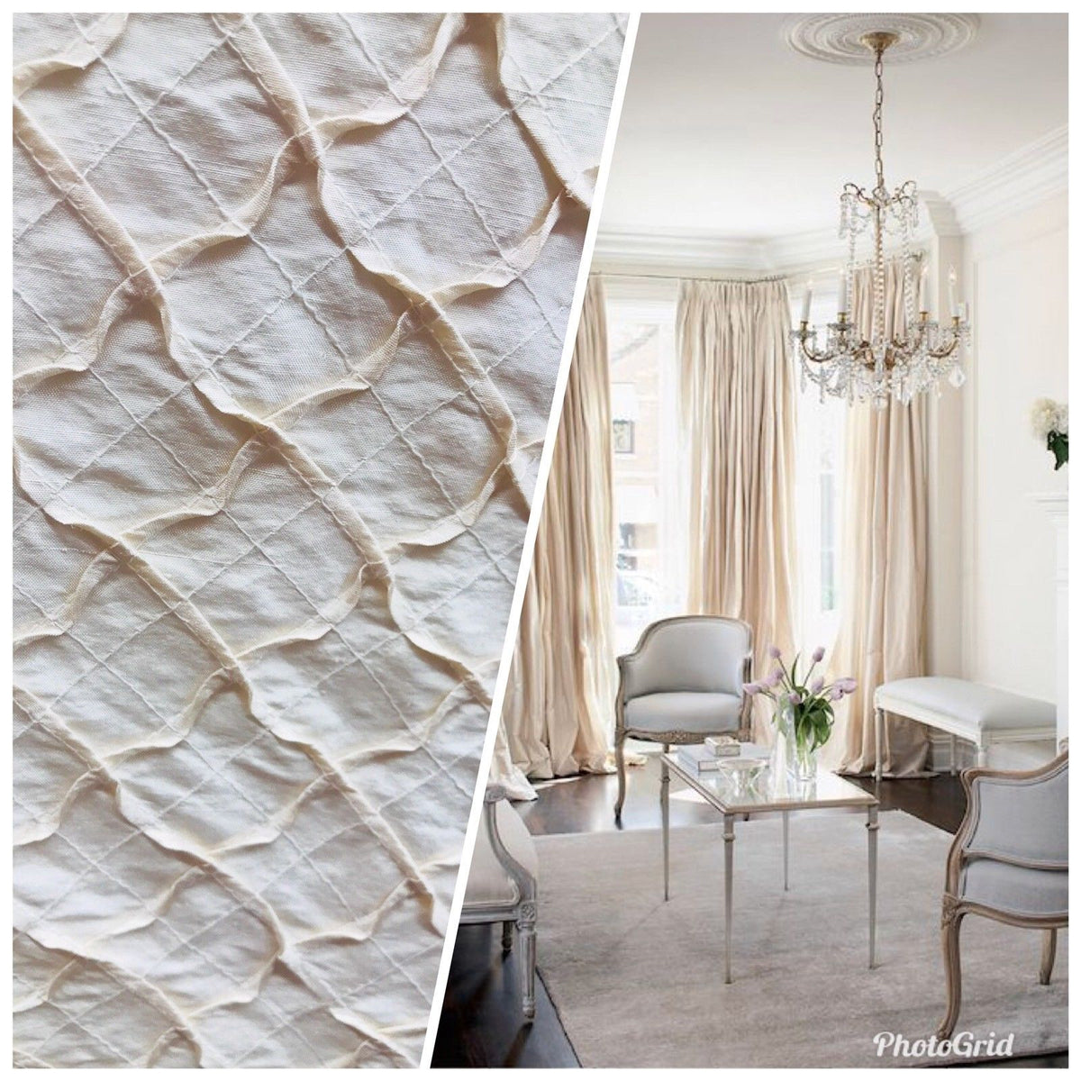 Designer 100% Silk Taffeta Quilted Drapery Fabric- Ivory- Sold By The Yard - Fancy Styles Fabric Pierre Frey Lee Jofa